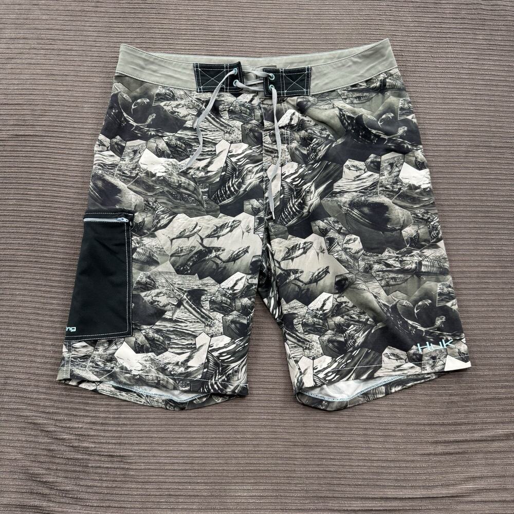 Huk Kc Scott Offshore Cell Boardshorts Men 38 Gray Polyester Drawstring Beach.